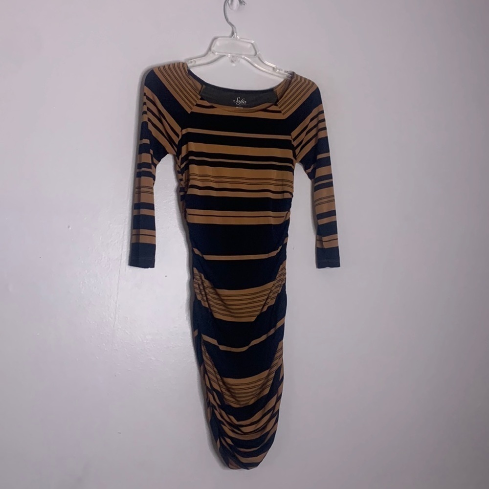 Sofia Vergara 3/4 sleeve fitted stripped Rouched fitted dress XS women’s